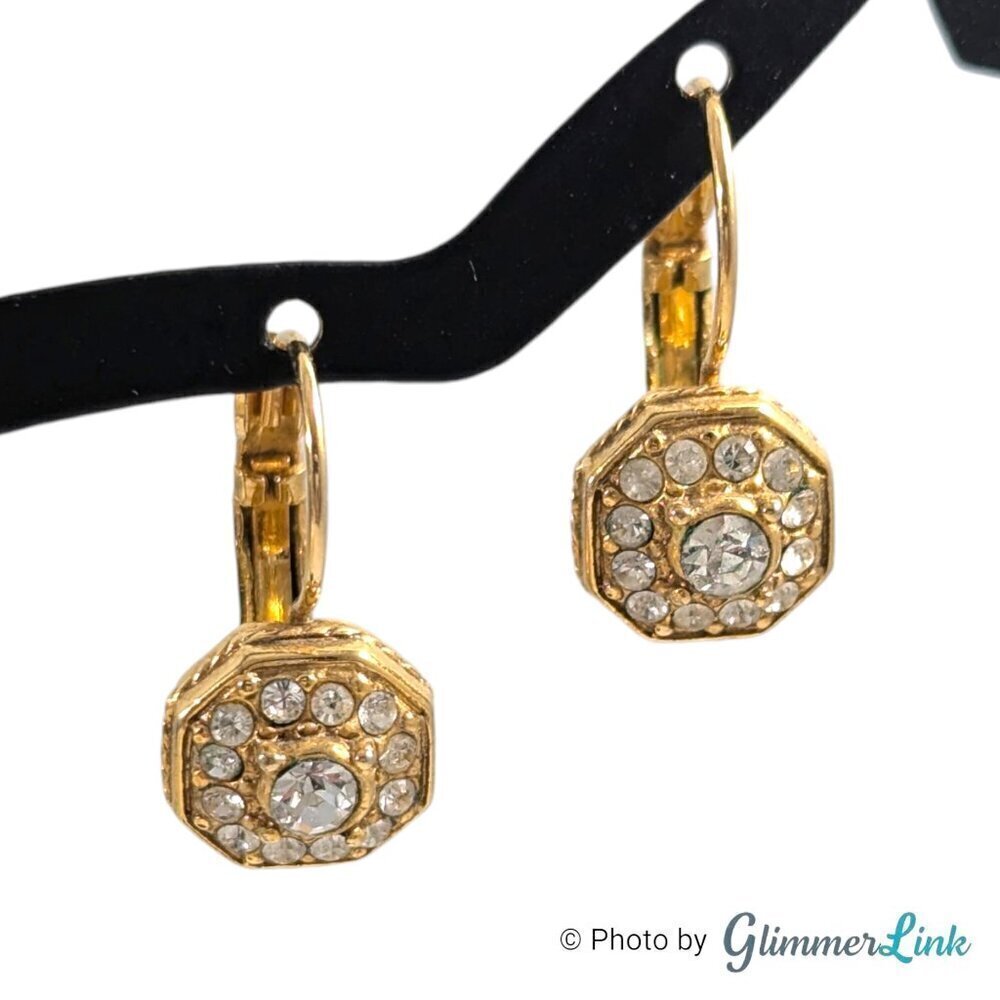 Octagonal Clear Rhinestone Leverback Gold Tone Drop Earrings